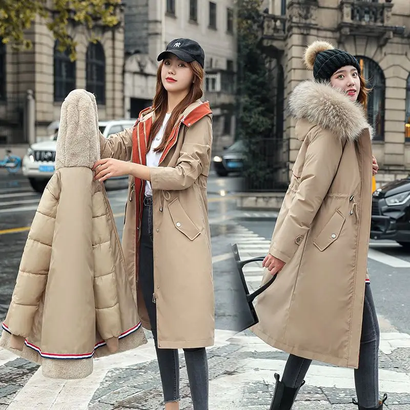 Parka longue avec col en fourrure pour femme, manteau à capuche, veste chaude avec poignées amovibles, optique, hiver, nouveau, 2023