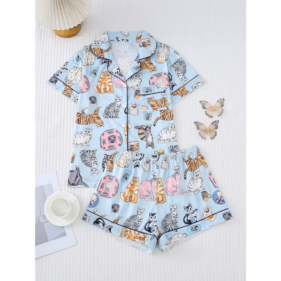 

Милый пижамный комплект с принтом котенка для женщин: забавные животные, домашняя одежда с кошками, рубашка с отложным воротником и короткими рукавами, шорты. Подарки на День святого Валентина.