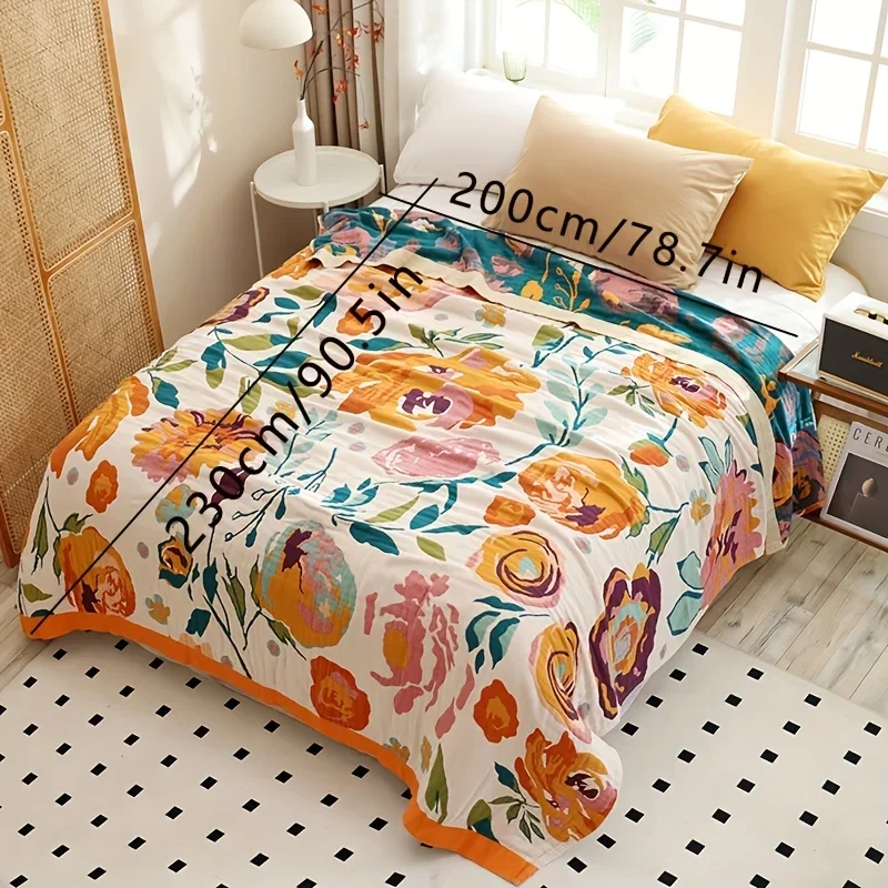 Contemporary Floral 100% Cotton Jacquard Gauze Blanket - Soft Breathable Summer Cool Quilt, All Seasons Multipurpose Throw For N