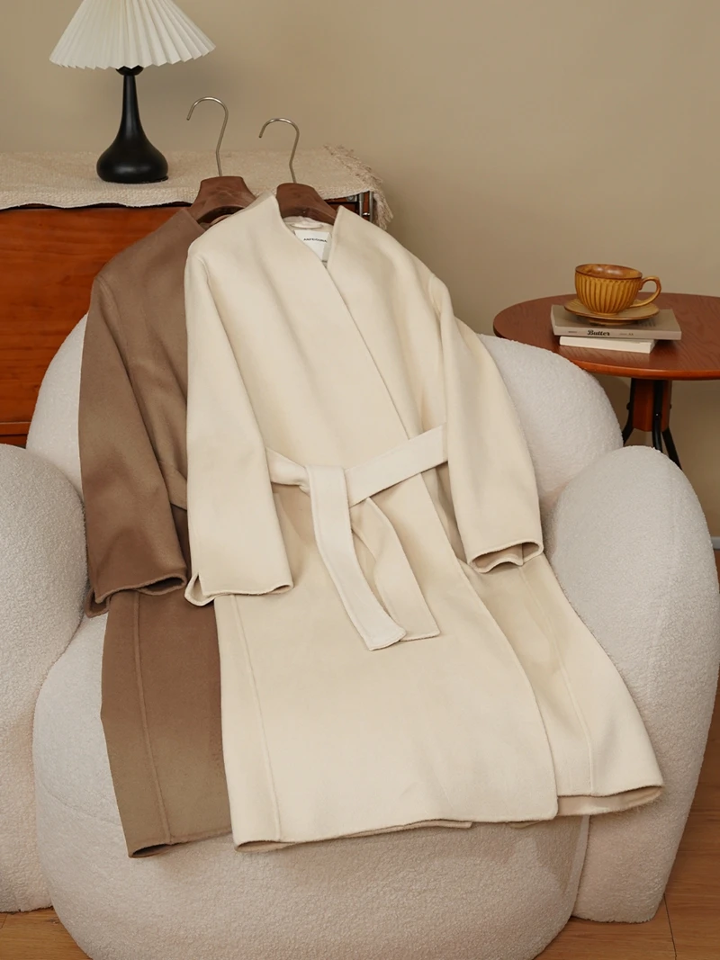 High-end feminino de lã dupla face camere batobe sle casaco alta nce sensação lã de seda outerwear inverno