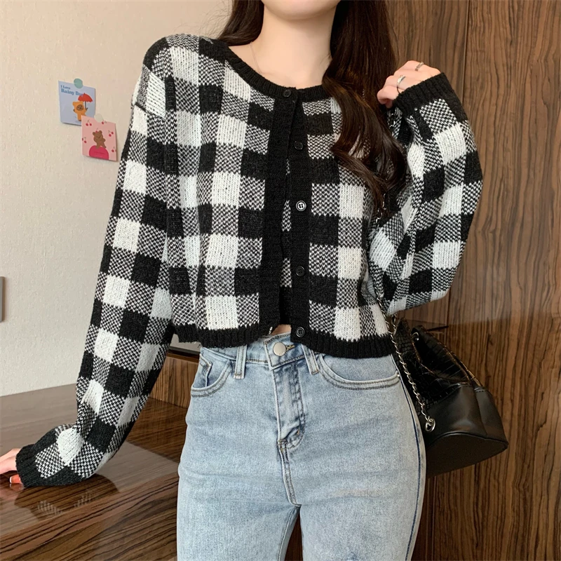 Fashion Vintage Plaid Sweater Coat Women Autumn Winter New Knitted Camis Cropped Cardigan Two Piece Suits