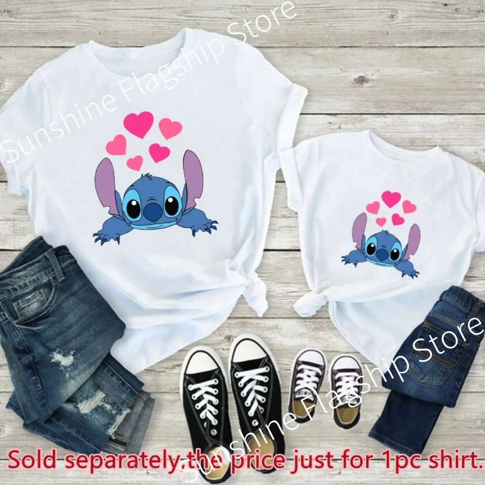 Family Look Disney Stitch T Shirt Mother and Kids Matching Outfits Fashion Streetwear Mom and Daughter Son Family Clothes Tops