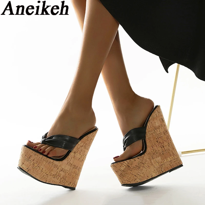 Aneikeh Summer Flip-flops Wedges Women's Shoes Fashion Classics PU Platform Head Peep Toe Thin High Heels Slippers Size 35-42