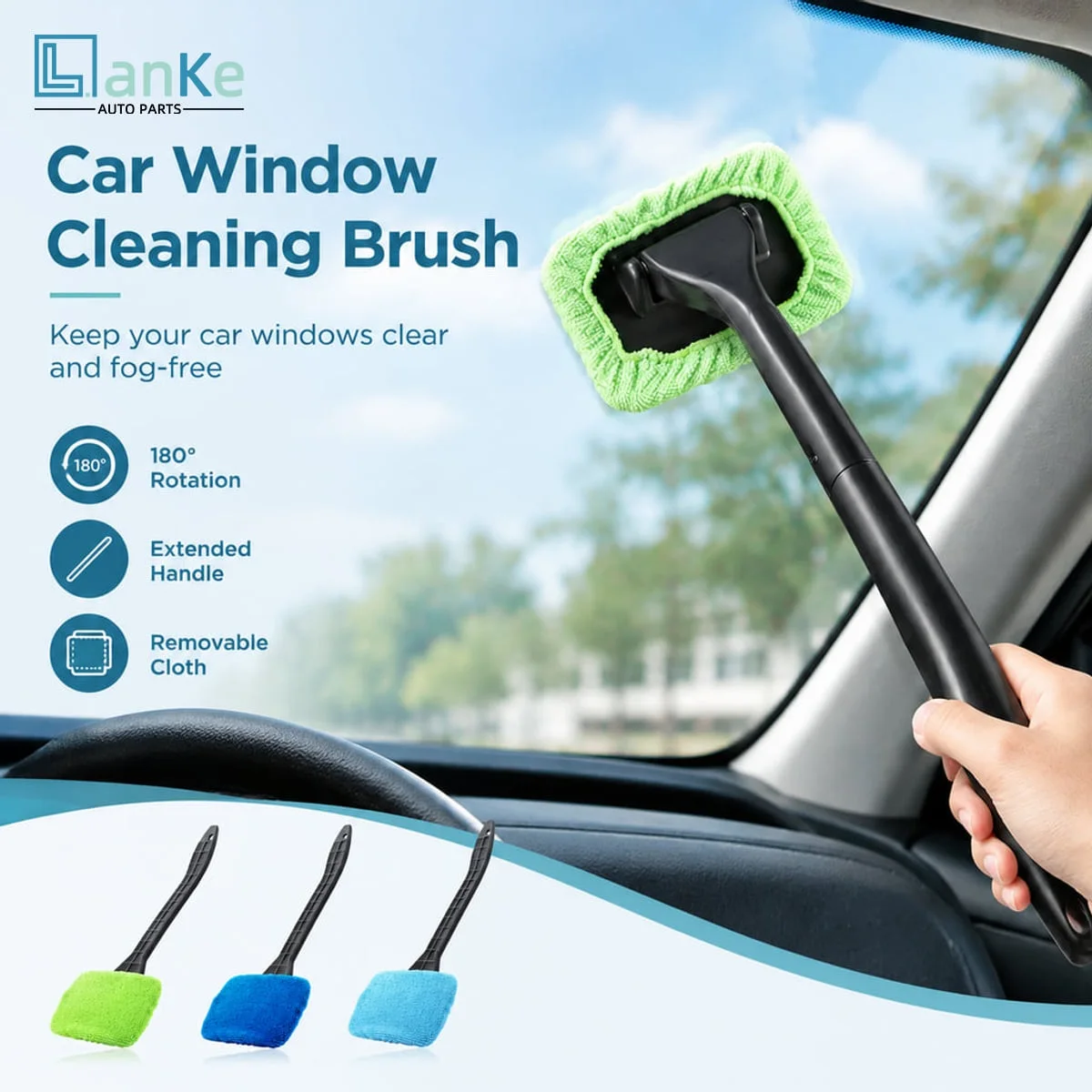 LANKE 1PC Car Window Cleaning Brush Long Handle 180° Rotating Head Removable Microfiber Cloth For Interior Glass Green Blue