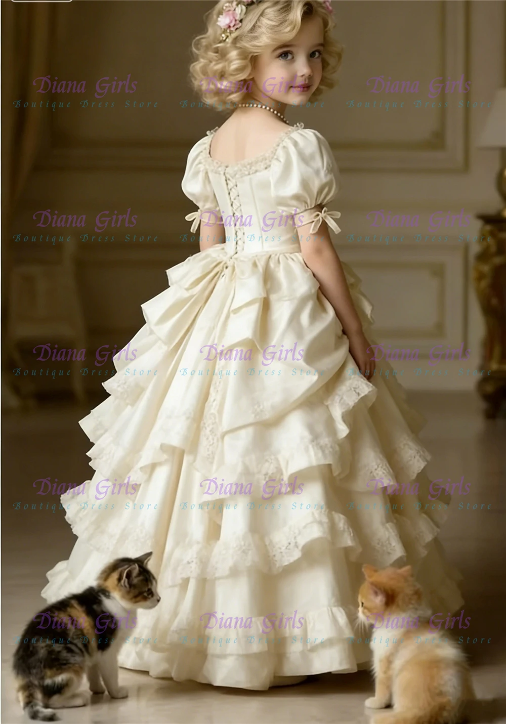 Quality Gorgeous Flower Girl Dress Champagne Organza Fluffy Lace Applique for Wedding Ball Princess Birthday Communion Gowns
