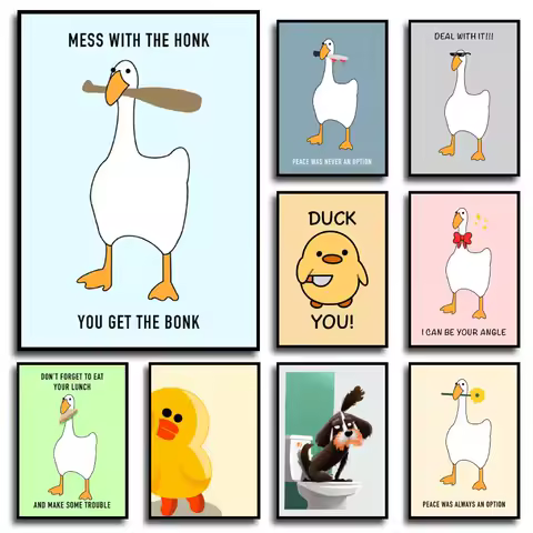 Funny Meme Goose Duck Frog Pig Posters and Prints Canvas Wall Art Pictures Funny Home Bathroom Room Decor Painting Cartoom Mural