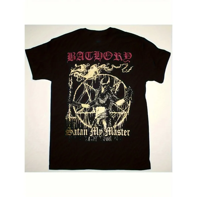 Camiseta masculina BATHORY Satan My Master - Camiseta gótica de heavy metal com estampa de pentagrama e morcego, estampas pretas e vermelhas