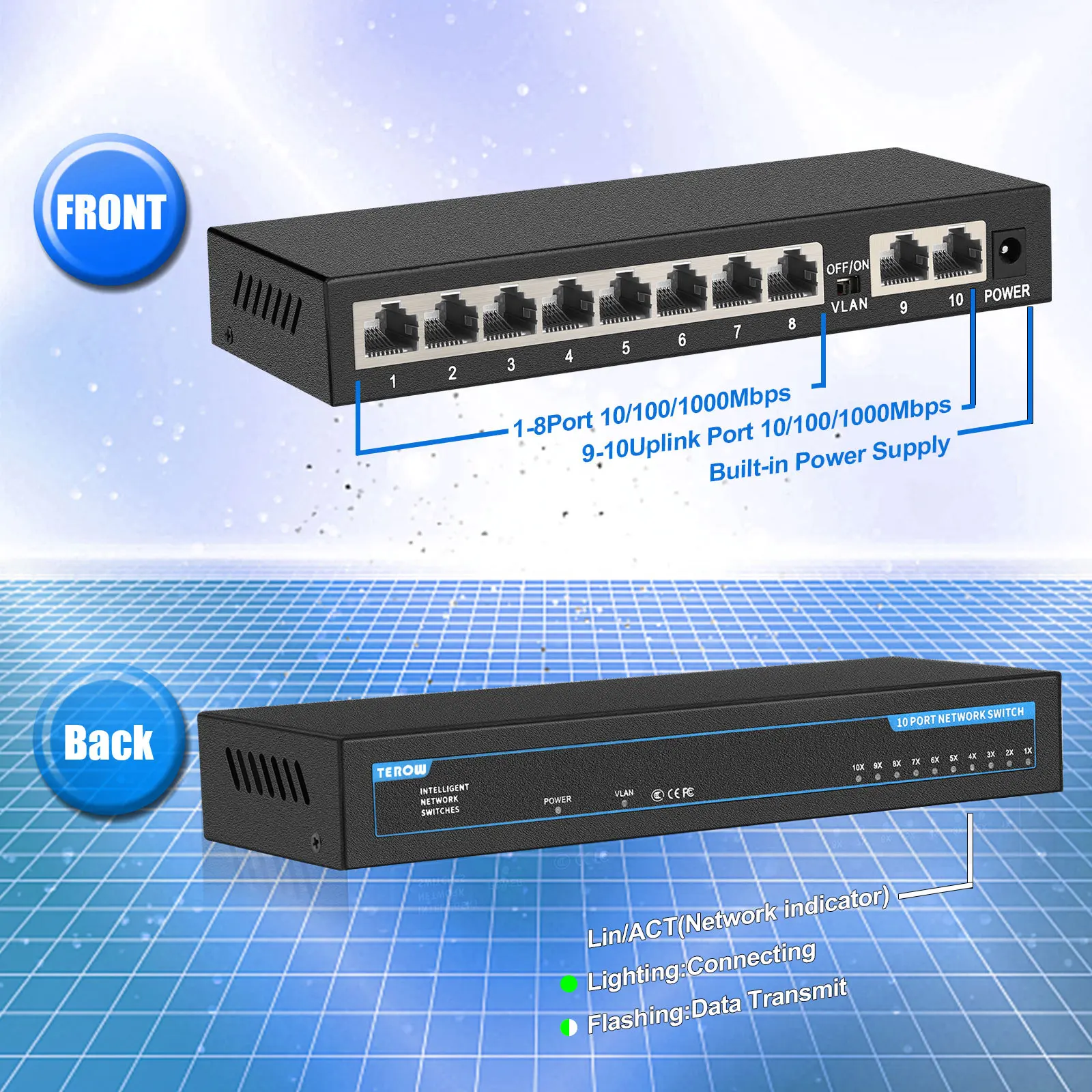 TEROW 10 포트 UTP RJ45 허브, 10 100 1000Mbps 기가비트 이더넷 스마트 네트워크 스위치 인터넷 분배기, 자동 MDI/MDIX