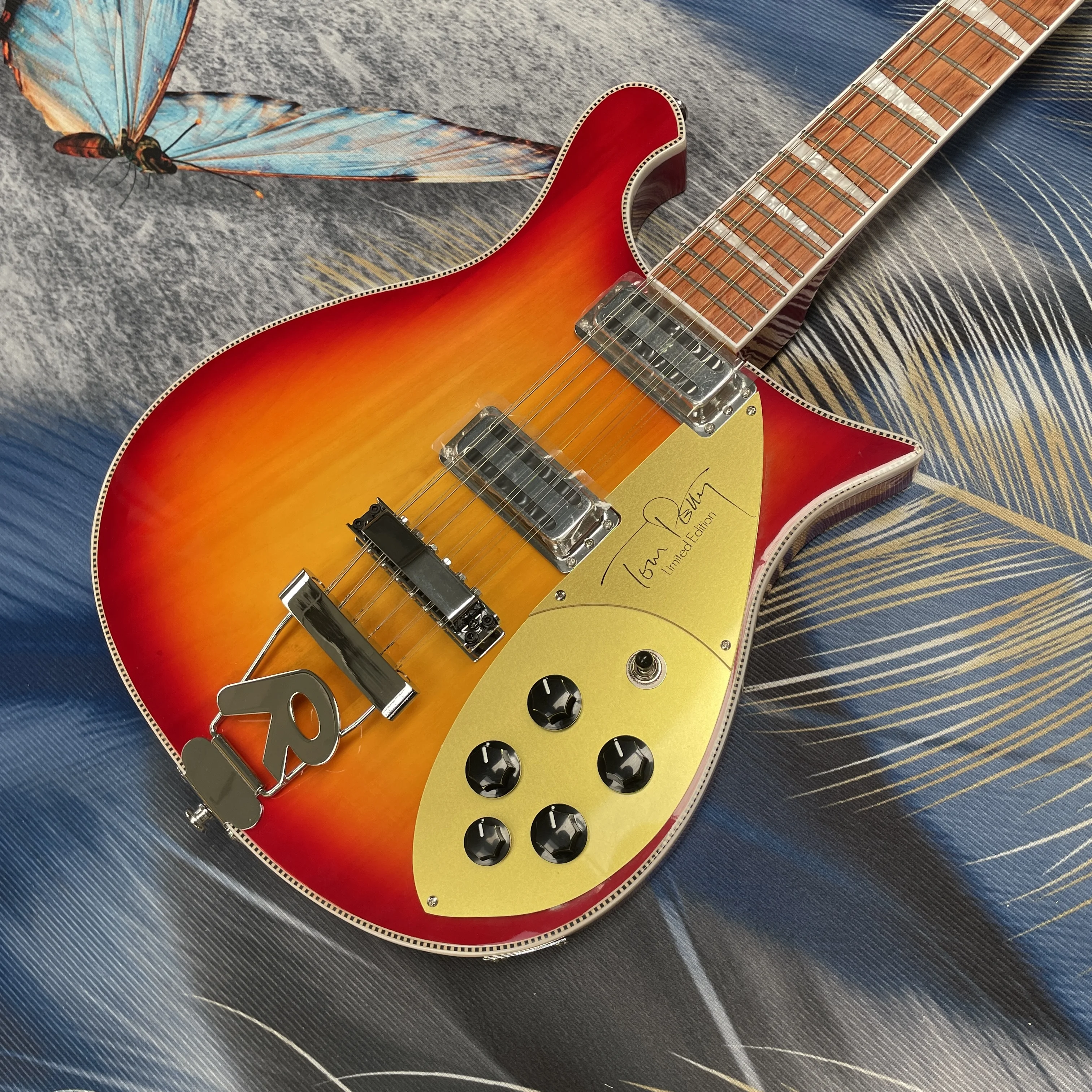 

12-string sunset gradient electricguitar with gold pickguard and black knobs,R-shaped vibratoguitars, stage performance guitarra