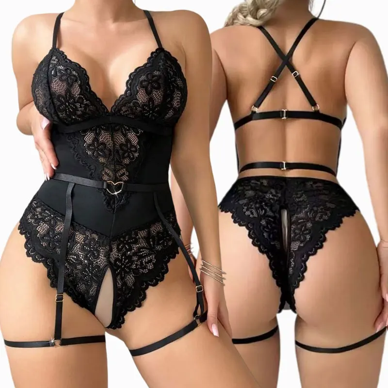 Lace One-Piece Pajama Sets Women Lingerie And Nightwear Ultra-Thin Summer Pajamas Nightgown Set With Heart-Shaped Suspender Belt