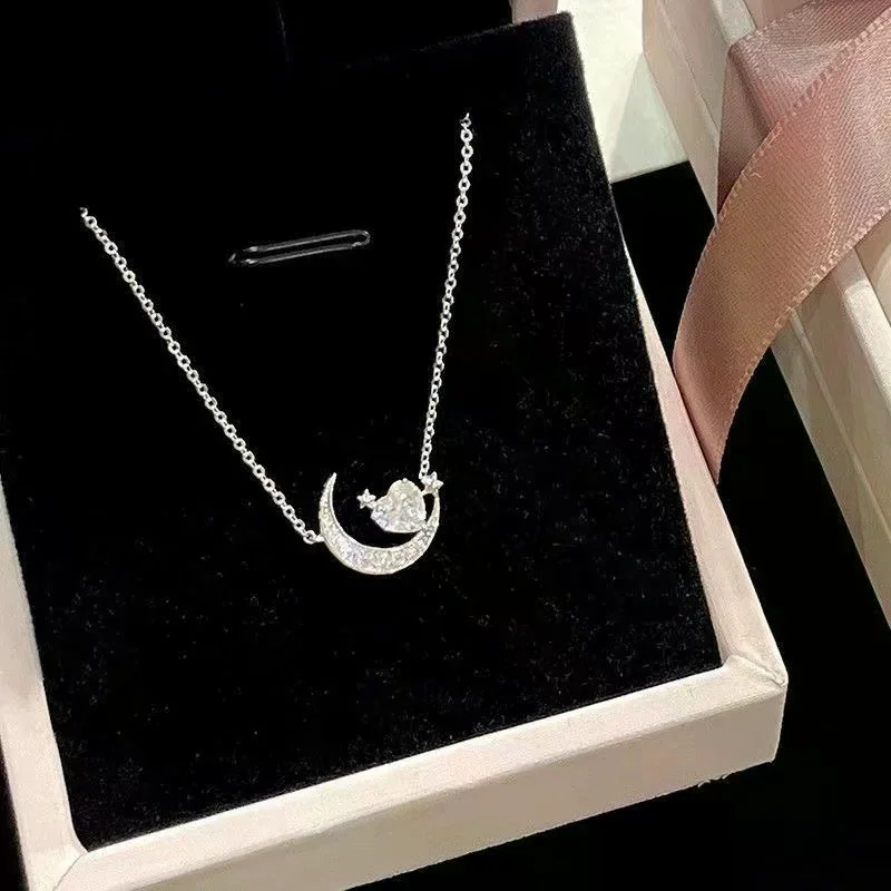 Exquisite Silver Color Star Moon Necklace For Women Heart Zircon Clavicle Chain Woman Jewelry Birthday Gift Accessories