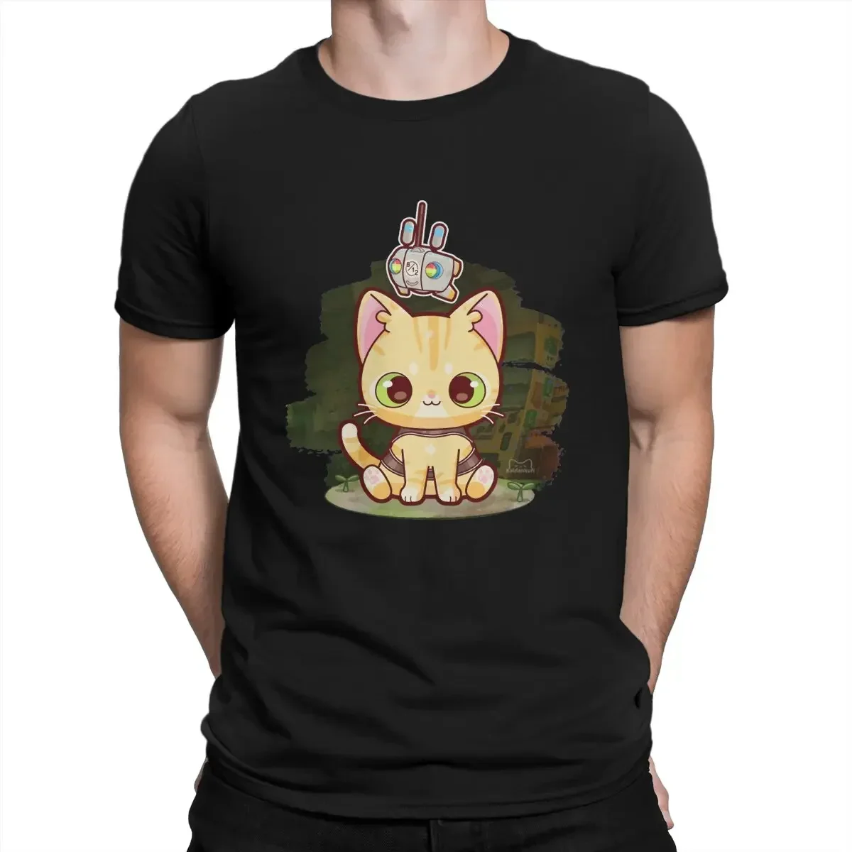 Vintage Cat Robot Classic T-Shirts for Men Round Neck 100% Cotton T Shirt Stray Game Short Sleeve Tees Gift Idea anime Clothing