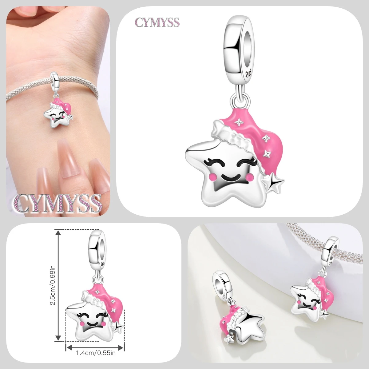 925 Sterling Silber Stern Niedlicher Mond Schlafmützen-Anhänger Charms Passend für Halskette Armband DIY Schmuck Perfektes Party-Geschenk-Accessoire – Detail 2