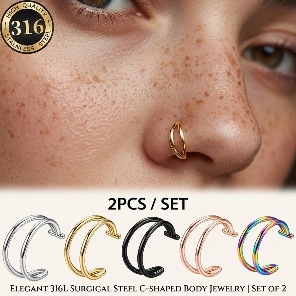 Body Jewelry Lip Ring - Set di 2 Anelli Nasali Finti
