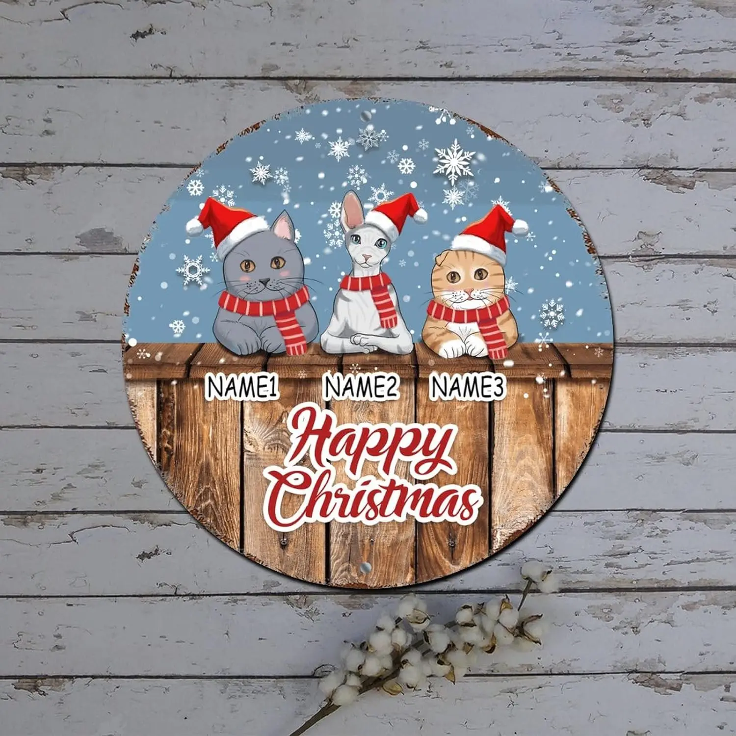 Merry Christmas Sign Custom Cat Name Winter Snow Scene Round Metal Tin Sign Christmas Decorations for Cabinets Distressed Stylis