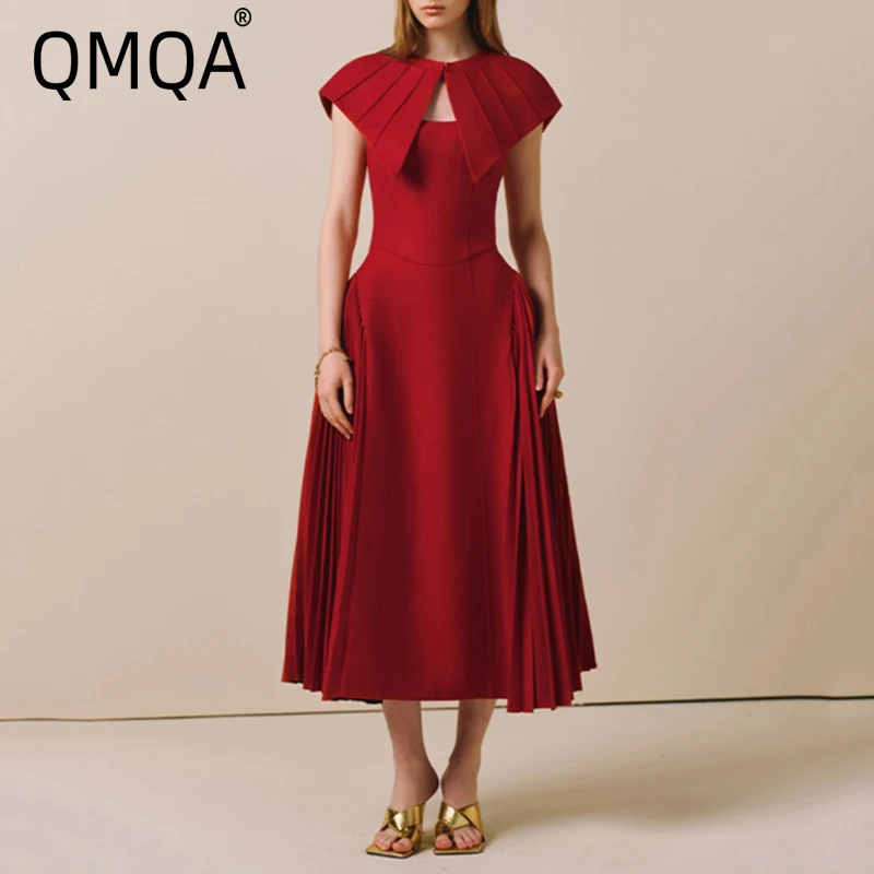 QMQA موضة المرأة 2 قطعة مجموعة شال زلة مطوي المرقعة سليم بلون فستان الحفلات المسائية مجموعات 2025 ملابس جديدة QM544