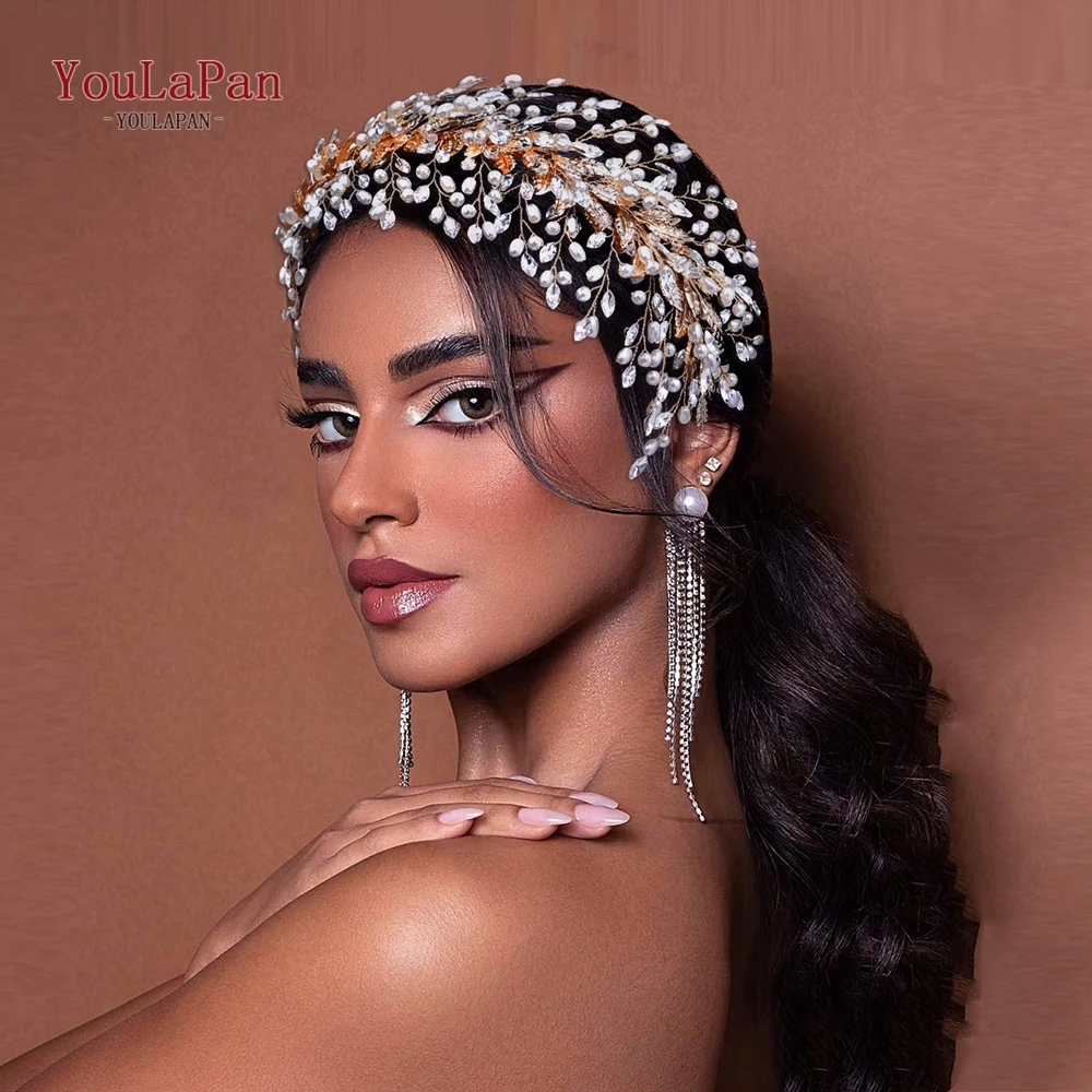 

YouLaPan Bridal Headbands Rhinestones Pearls Wedding Headdress Luxury Accessories Handmade Alloy Leaf Woman Headwear HP322