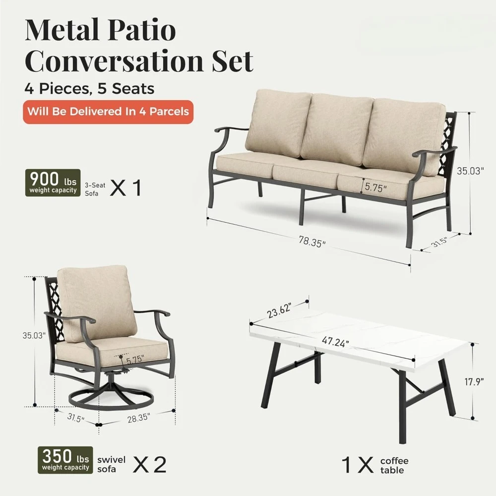 

Patio Furniture Set 4 Pcs, 3-Seat Sofa, 2 Swivel Chairs, and 5.75" Extra Thick Cushion, Metal Outdoor Patio Furniture
