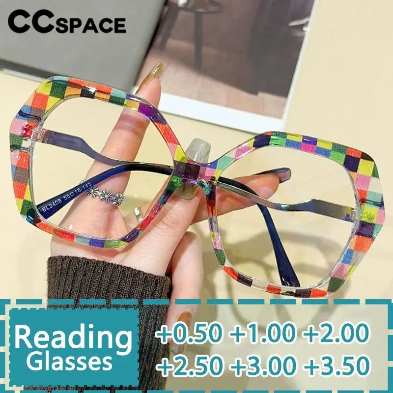 R57426 Trend Kolorowe optyczne okulary do czytania Damskie wielokątne duże okulary prezbiopowe Dioptryczne +0,50 +1,00 +2,00 +3,00