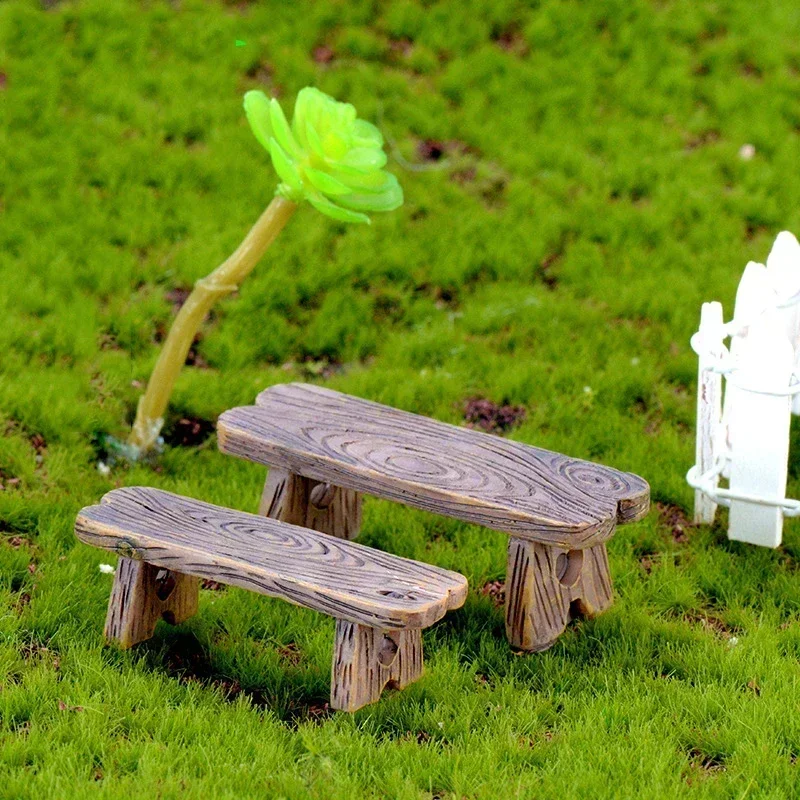 Mini Wooden Park Bench Chair Succulents Bonsai Ornaments Romantic Resin Love Stool Small Ornaments Fairy Garden Figurine Dolls