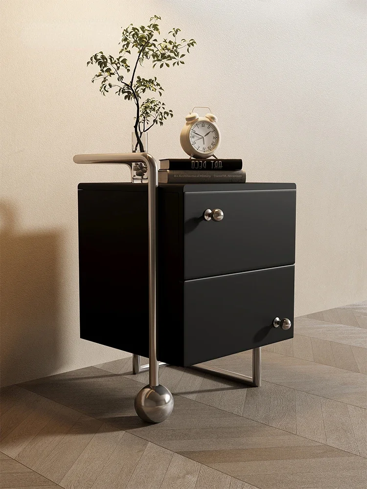 

Middle ancient style stainless steel drawer bedside cabinet, Bauhaus black creative storage cabinet, master bedroom solid wood p