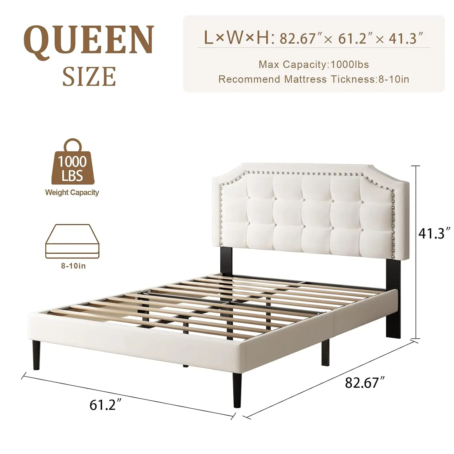 Queen Size Bed Frame, Queen Size Platform Bed Frame with Upholstered Button Tufted Headboard, Strong Wood Slats, No, Customized - view 2
