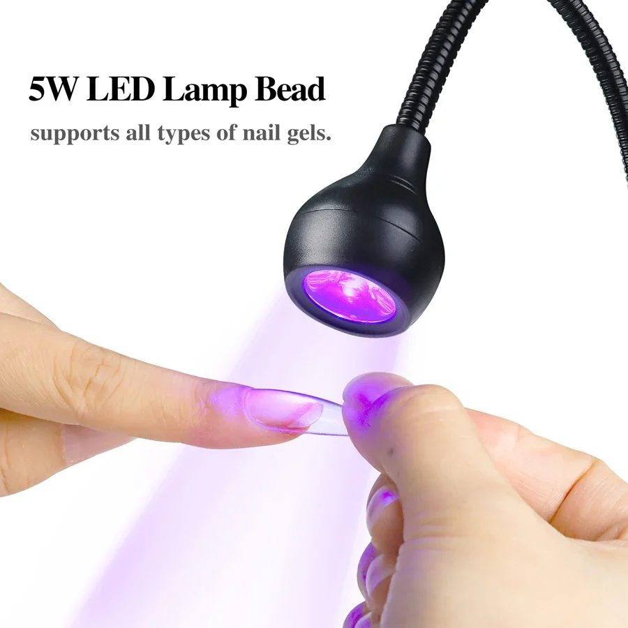 Lampe de polymérisation pour vernis gel UV 5W, lumière LED UV avec clip et tube flexible, sèche-ongles pour vernis gel