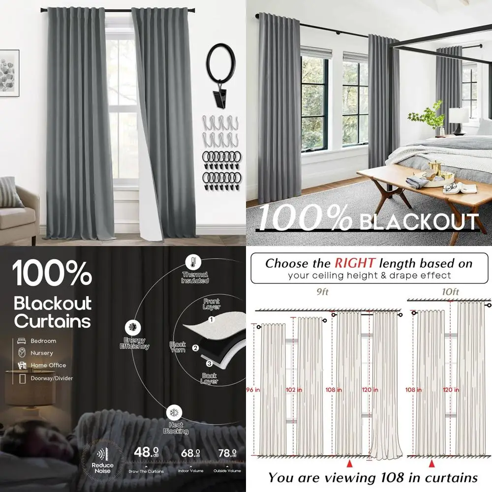 

Grey 108 Long Living Room Curtains, Back Tab Pleated, Blackout Linen Look, Dark Gray for Bedroom