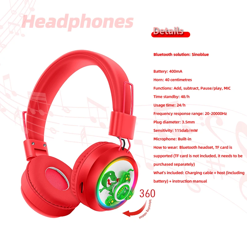 Wireless Bluetooth Headset with Microphone Dinosaur Animal Boy Girl Fun 360 Degree Rotatio TF Card Phone Headphones for Children