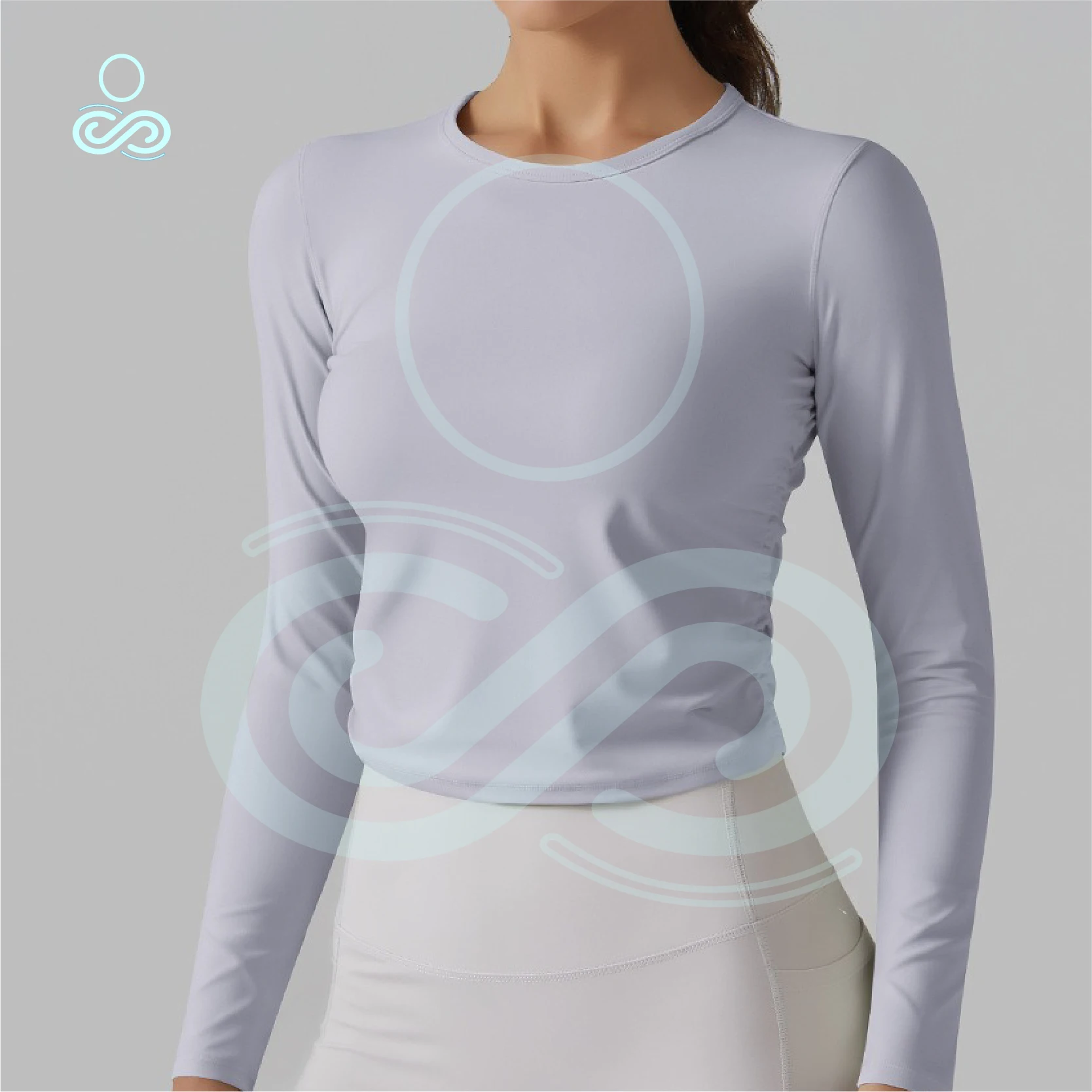 New Solid Double-sided Brocade Tight Fitting High Elasticity Waist Cinching YogaSuit Long Sleeved Sports Running Pula FitnessTop