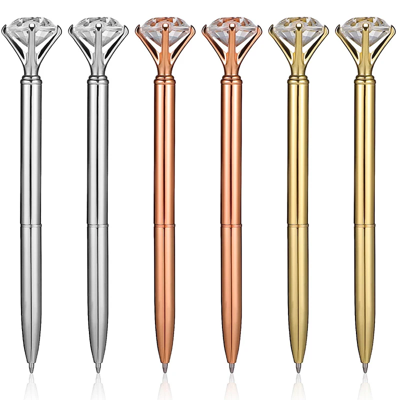ปากกาเพชรคริสตัลขนาดใหญ่12ชิ้นปากกาบอลพอยท์โลหะสีทองหมึกสีดำ