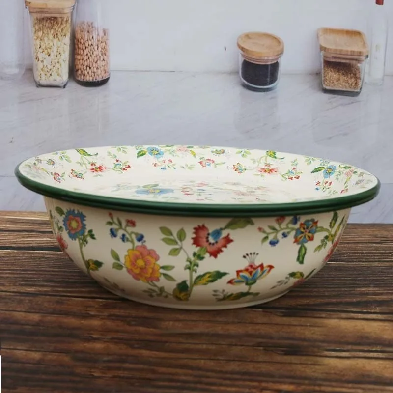 Extra-Thick Enamel Mixing Basin with Lid Vintage Style for Kitchen Washing Veggies Mixing Dumpling Fillings Bowls Plates Trays