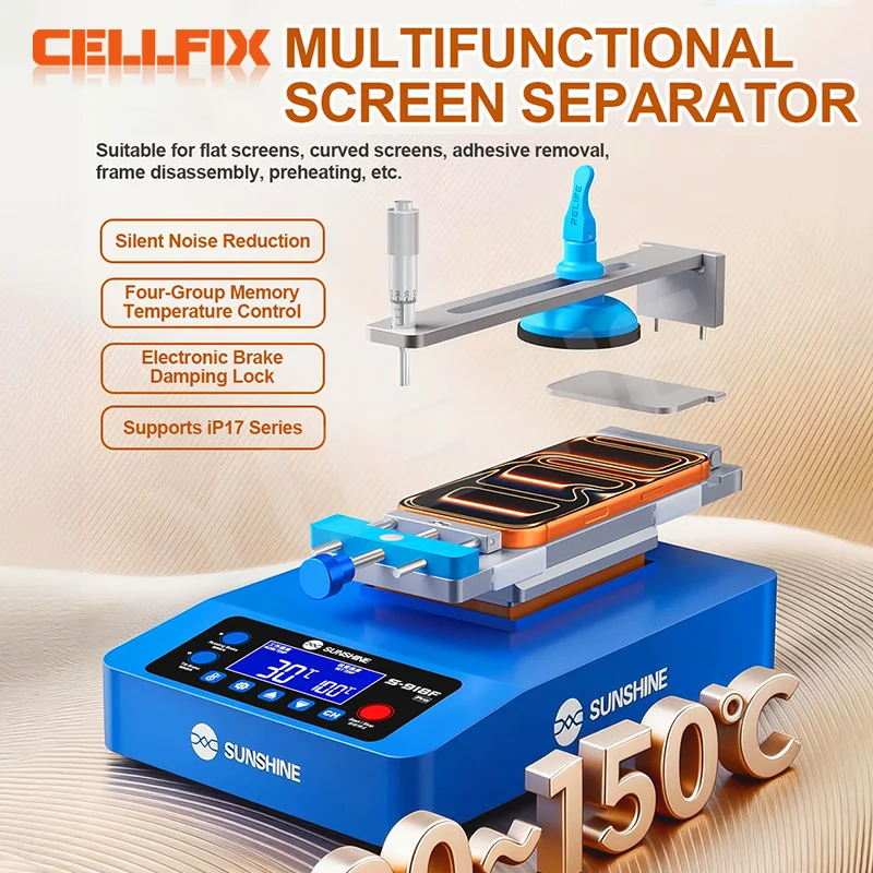 

SUNSHINE S-918F Pro 360 ° Машина для разделения ЖК-экранов с вращающимся дисплеем, электронный бесшумный воздушный насос для ремонта экранов мобильных телефонов