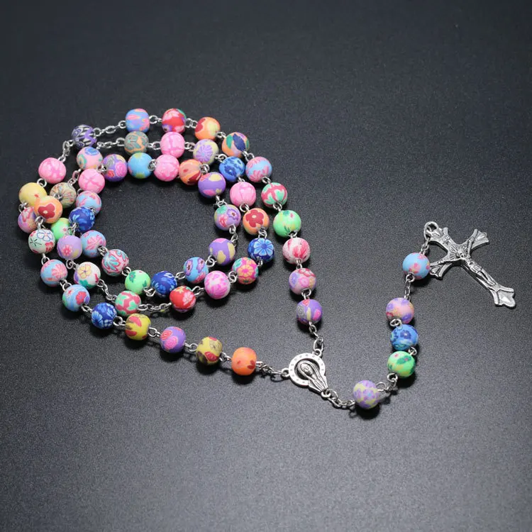 Neue Religionskreuz-Anhänger-Rosenkranz-Halsketten für Frauen, bunte, weiche Keramikperlen, lange Kette, Schmuck mit der Jungfrau Maria – Detail 8