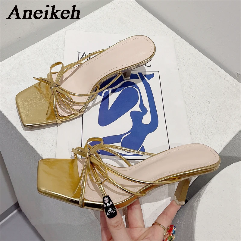 Aneikeh Women Bowtie Square Head Mid Heel Slippers 2024 Summer  PU Open Toe Outdoor Non Slip Casual Shoes Size 35-39