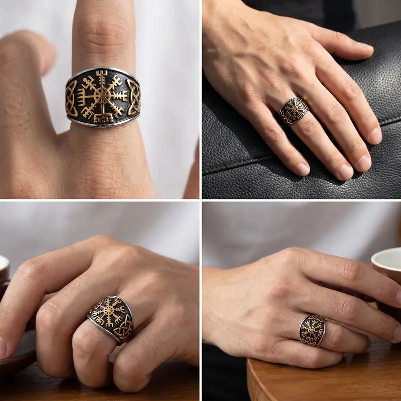 Never Fade Gold Color Viking Trident Rune Rings Men Stainless Steel Norse Mythology Valknut Amulet Finger Ring Male Jewelry Gift