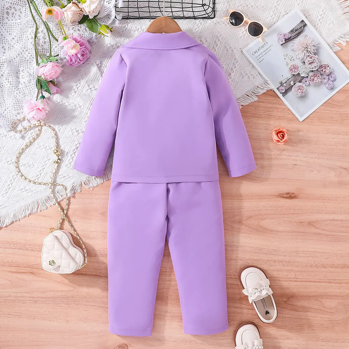 Children\'s Clothing Girls Suit Purple Loose Teenage Girls Outfits Set Casual Blazer Wide Leg Pants Three-Piece Autumn New 3-7Y