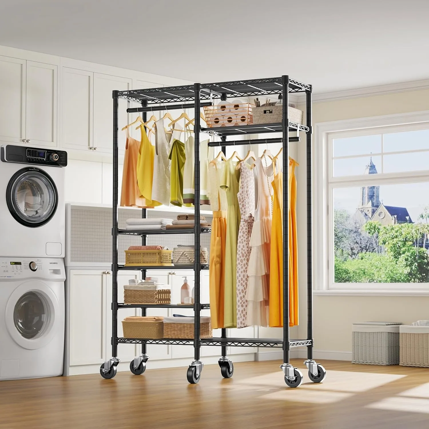 R4 Rolling Clothing Rack, Garment Rack with Movable Wheels, Black