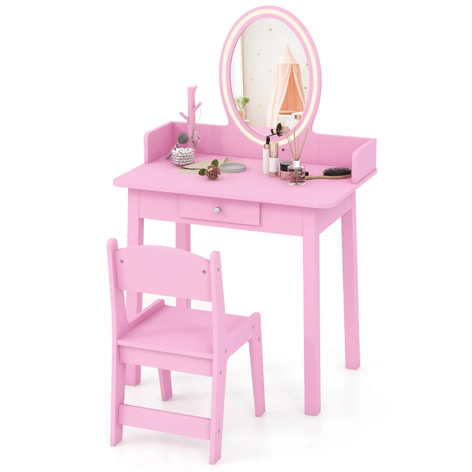 Kids Vanity Set w/ Lighted Mirror Chair 2-Color LED Lighting for Girls Makeup