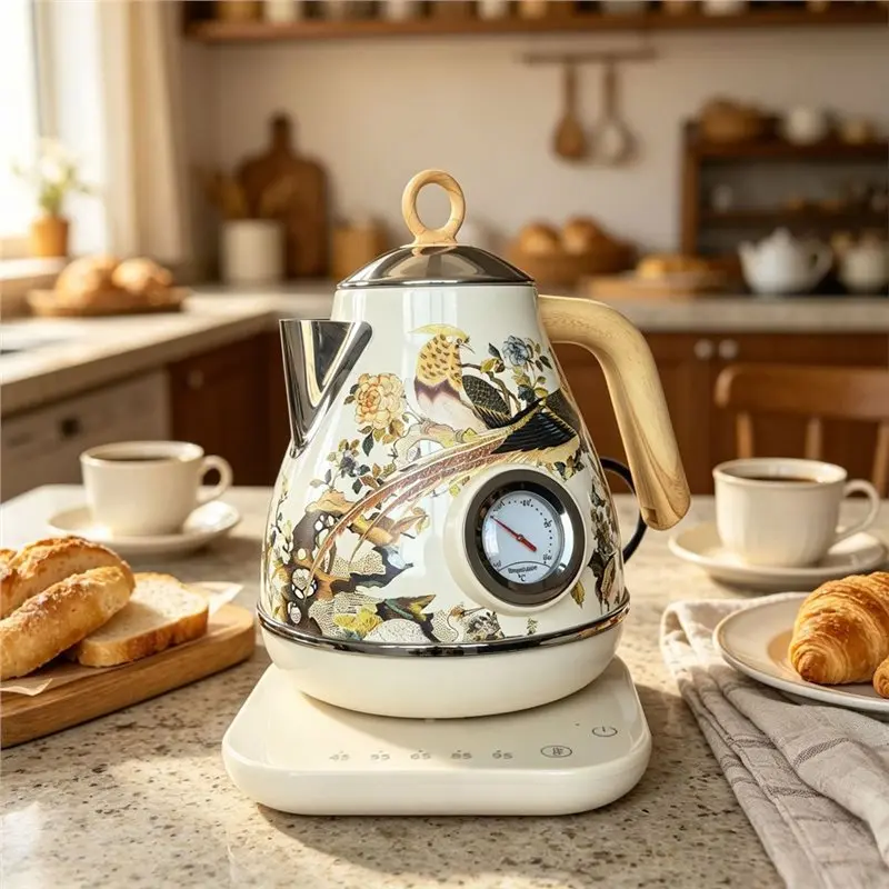 ABZA-Retro Electric Kettle 1.7L Vintage Flowers And Birds Design Temperature Control Water Boiler Tea Pot For Home EU Plug