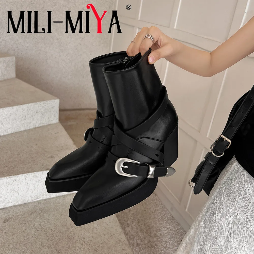 

MILI-MIYA модные женские ботильоны из коровьей кожи с острым носком, однотонные модельные туфли на толстом каблуке и молнии, вечерние туфли ручной работы для женщин