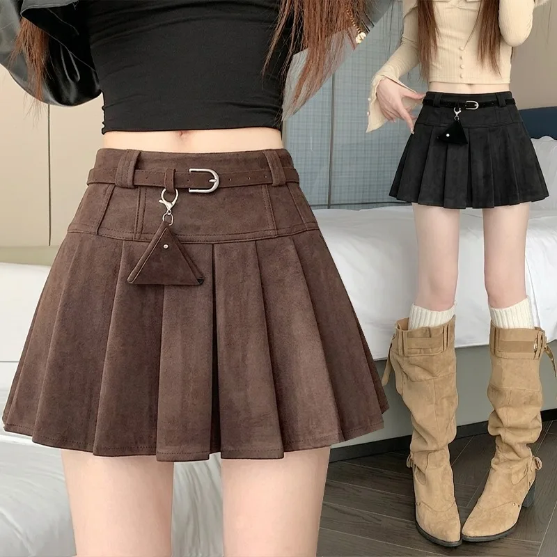 2026 Autumn Winter American Suede Pleated Mini Skirt For Women Anti Exposed High Waist Short Skirt With Matching Belt Streetwear