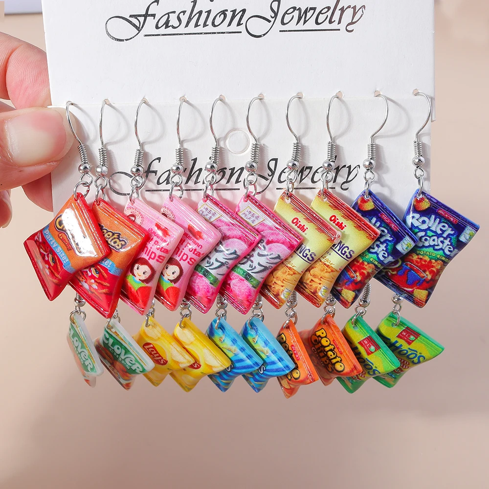 Fashion Women Girls Earrings Cute Resin Simulated Food Snacks Potato Chips Earrings Handmade Party Jewelry Gifts