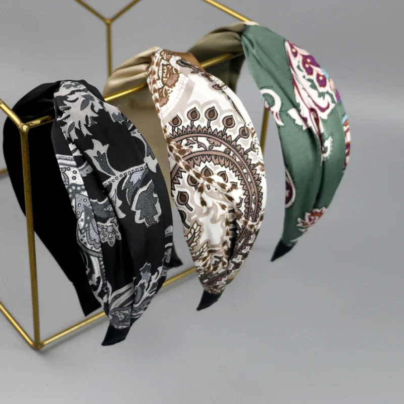 High Grade Fabric Print Knot Hair Hoop Headband with Metal Chain Contrasting Color Splicing Hairbands Pressed Hair Accessories