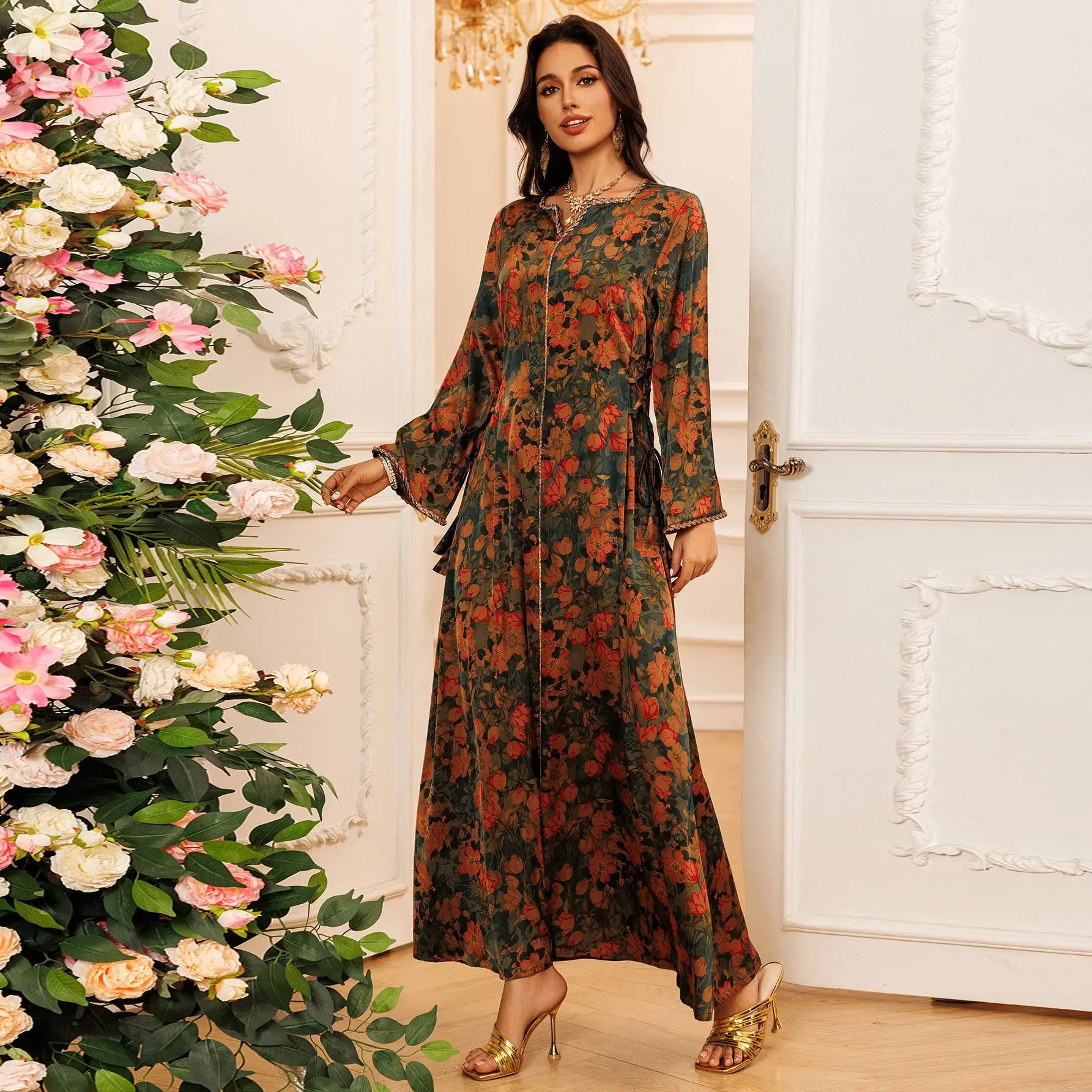 ムスリムアバヤ プリントラインストーン 中東ドレス ソフト生地 ホームウェア ドバイ ジャラビーヤ ローブ アバヤ ロングルーズドレス