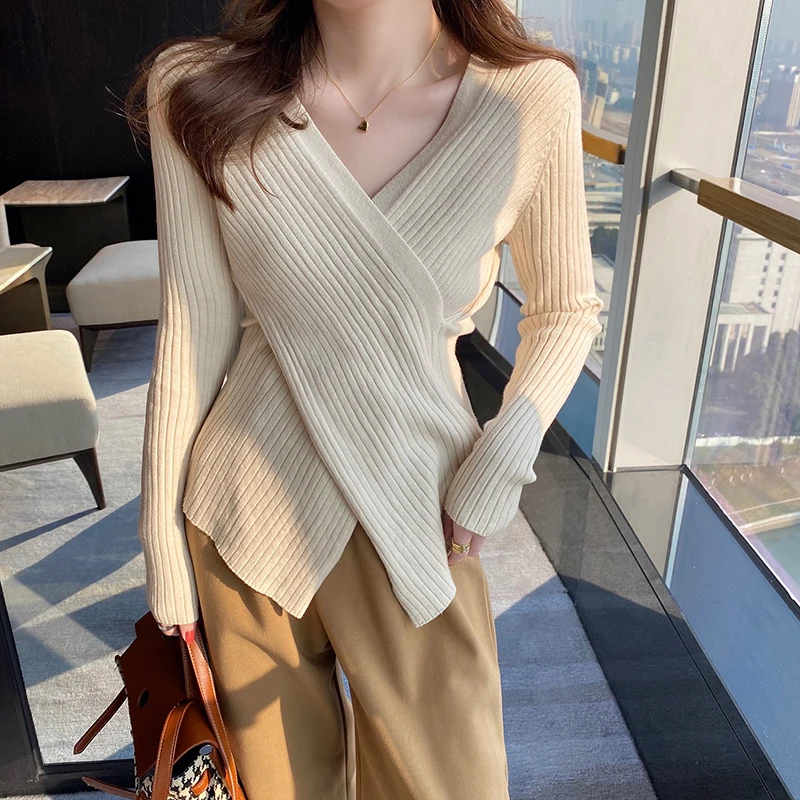 Gestrickte Pullover Frauen Pullover Neue Langarm V-ausschnitt Schwarz Schlank Stricken Pullover Pullover Frauen Tops Pullover Frauen Kleidung Q1118