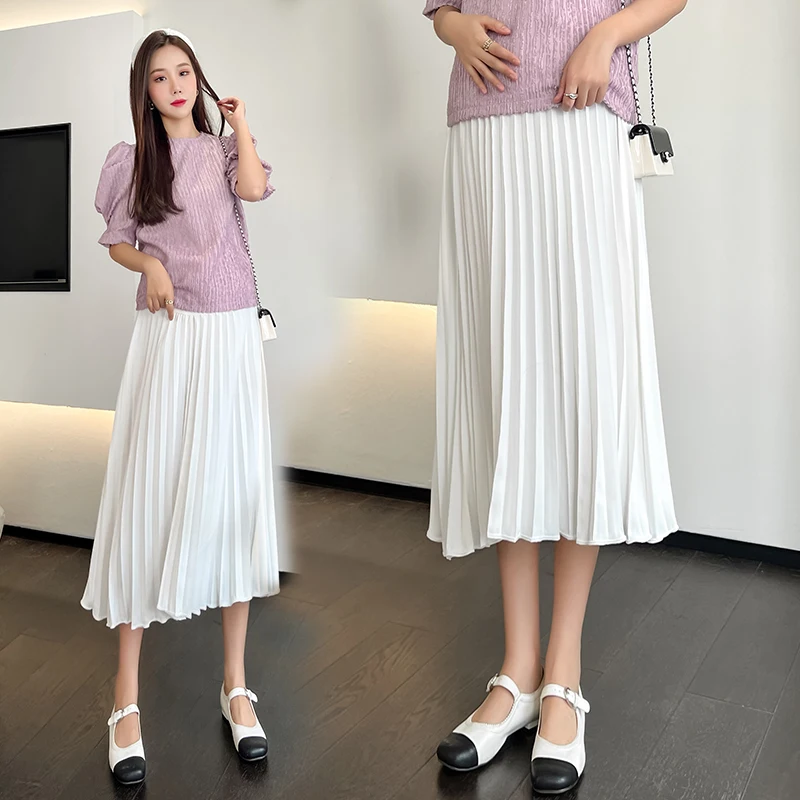 Y2k Summer Pleated Chiffon Maternity Skirts White Black Elastic Waist Belly Pants Clothes for Pregnant Women Youth Pregnancy