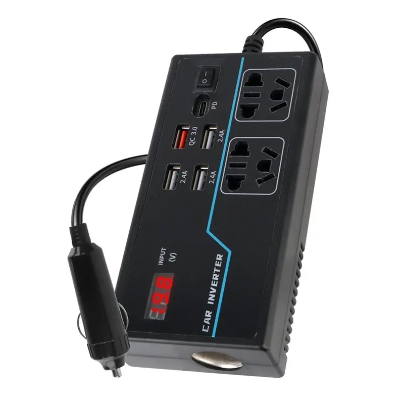 Reliable-Inverter DC 12V 24V To AC 110V 220V Voltmeter 200W Car Power Converter Featuring 8 Output Ports And Dual Voltage Suppor
