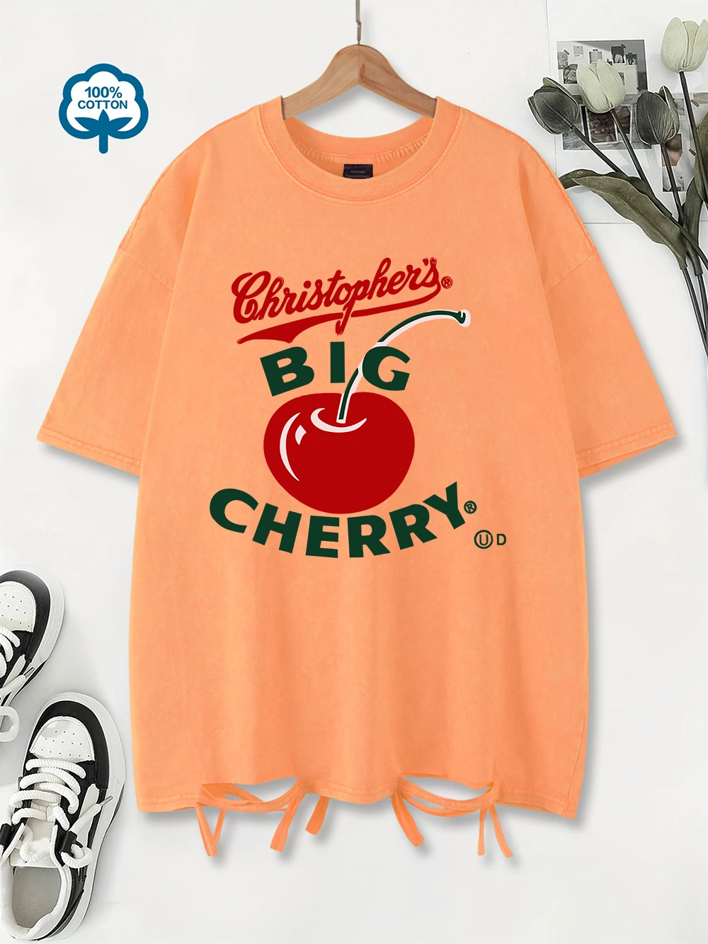 

Футболки из 100% хлопка, женские большие футболки с принтом красной вишни, топы с круглым вырезом и потертыми отверстиями, летняя женская одежда