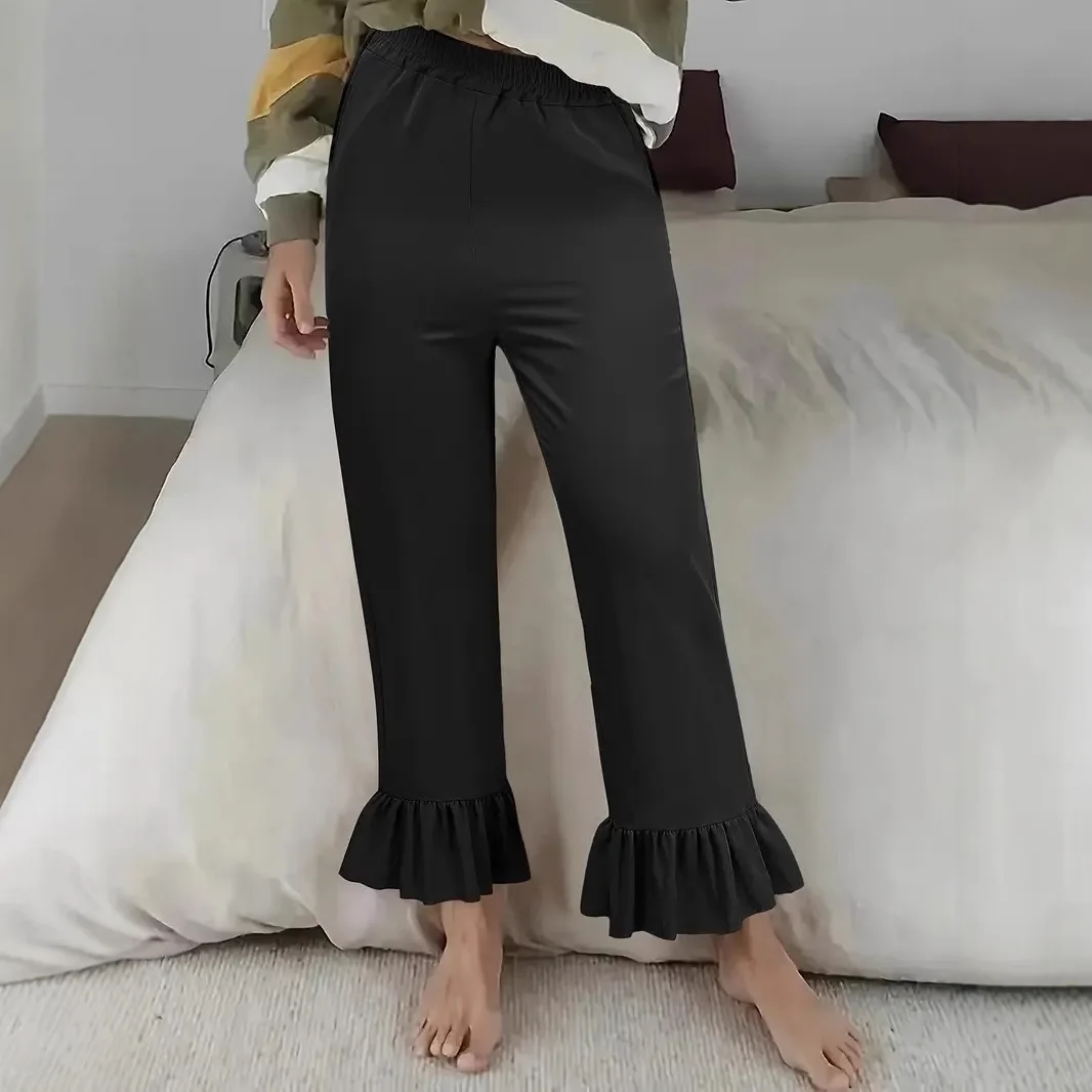 2025 Pantaloni estivi da donna Tinta unita a vita alta con occhielli scavati Pantaloni a gamba larga Pull on Pantaloni larghi